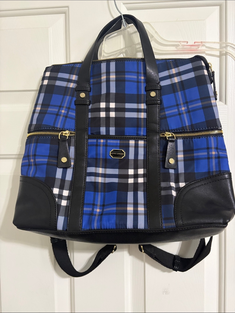 Kate Landry Blue Plaid Tote Backpack with Black Trim
